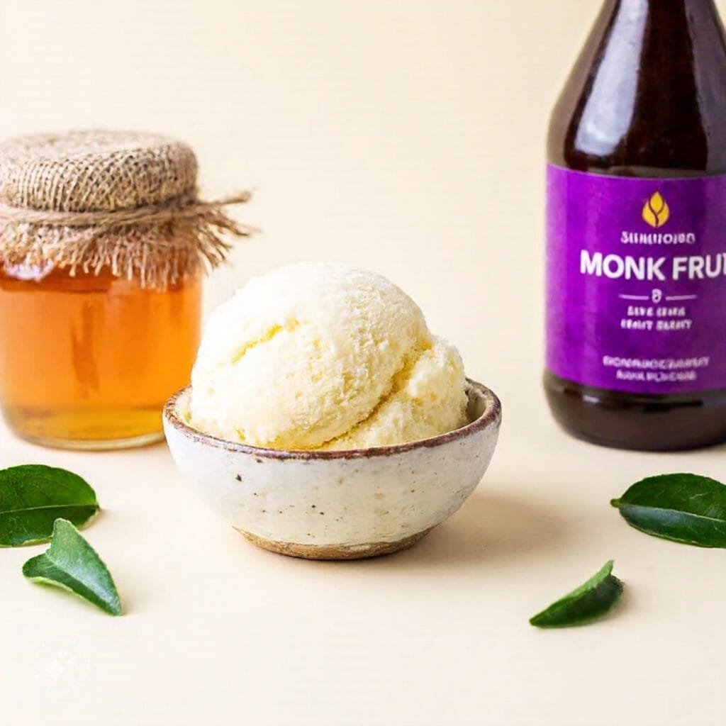 Various sweeteners like honey, stevia, and monk fruit displayed around a small tub of ice cream.