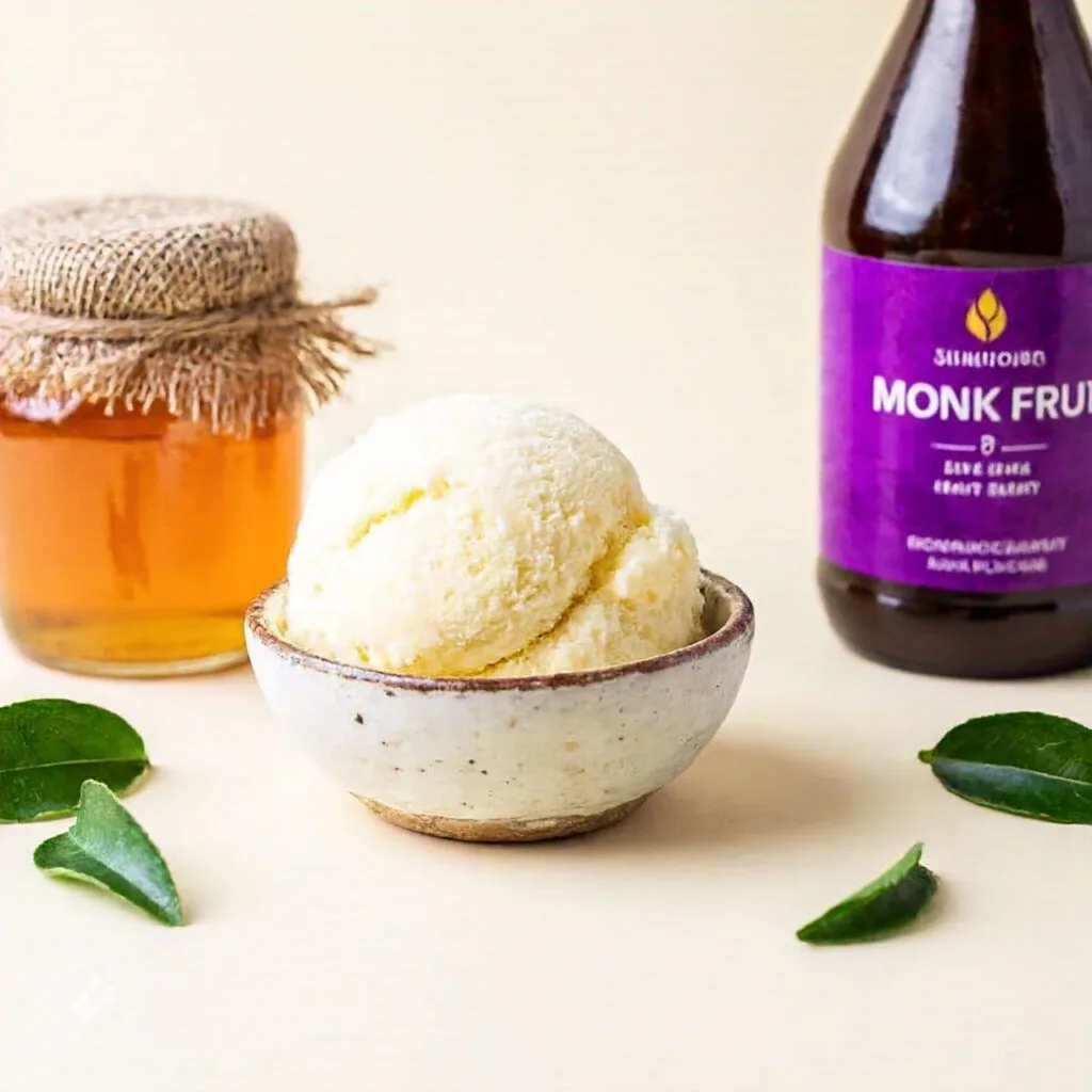 Various sweeteners like honey, stevia, and monk fruit displayed around a small tub of ice cream.