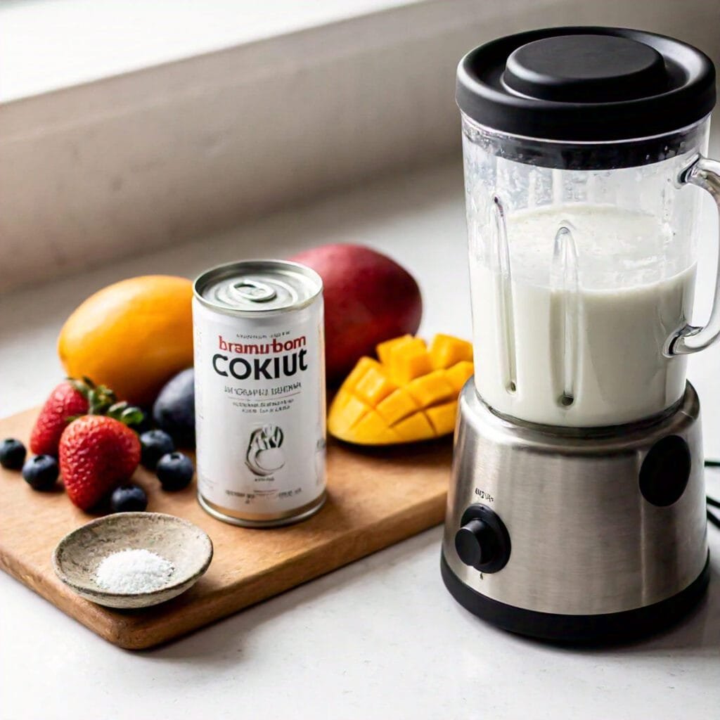 Ingredients for vegan ice cream, including coconut milk and xanthan gum.