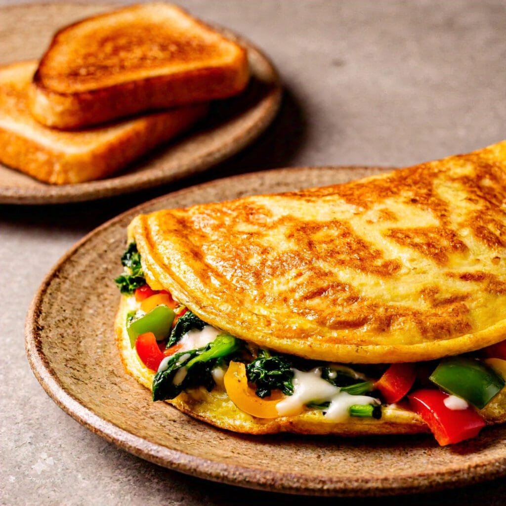 A fluffy omelet filled with vegetables and cheese.