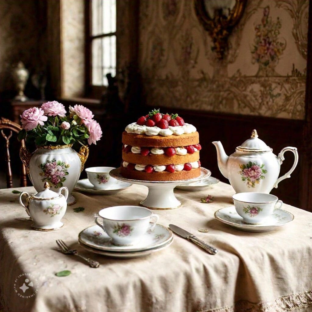 A historic illustration of a Victorian tea party with a Victoria Sponge on the table