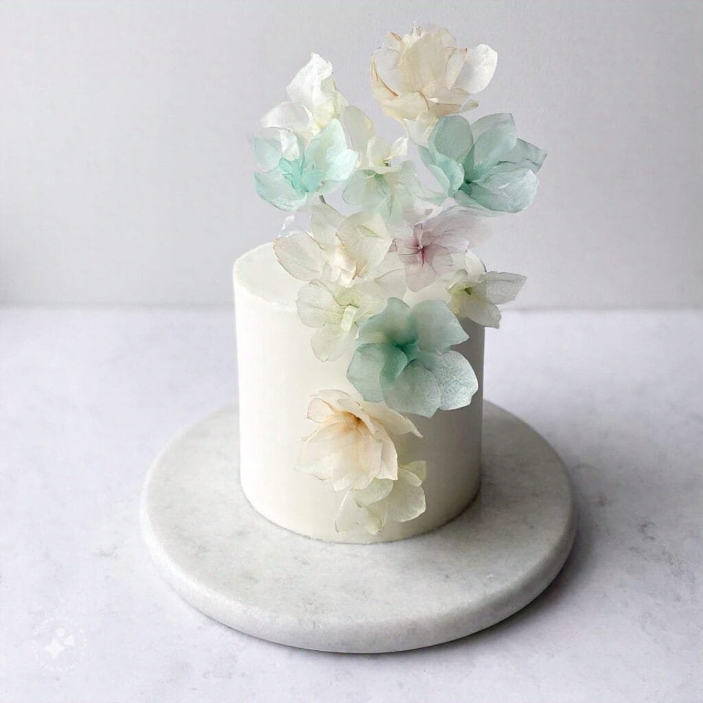 A cake decorated with edible wafer paper flowers