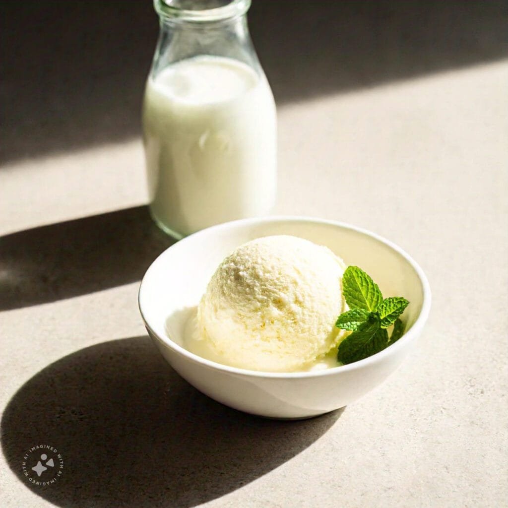 A bottle of whole milk next to a bowl of creamy vanilla ice cream.