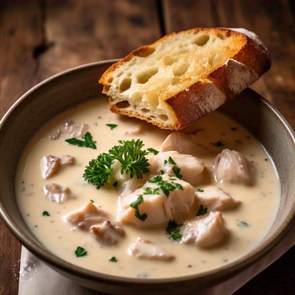  A bowl of creamy rockfish chowder garnished with parsley