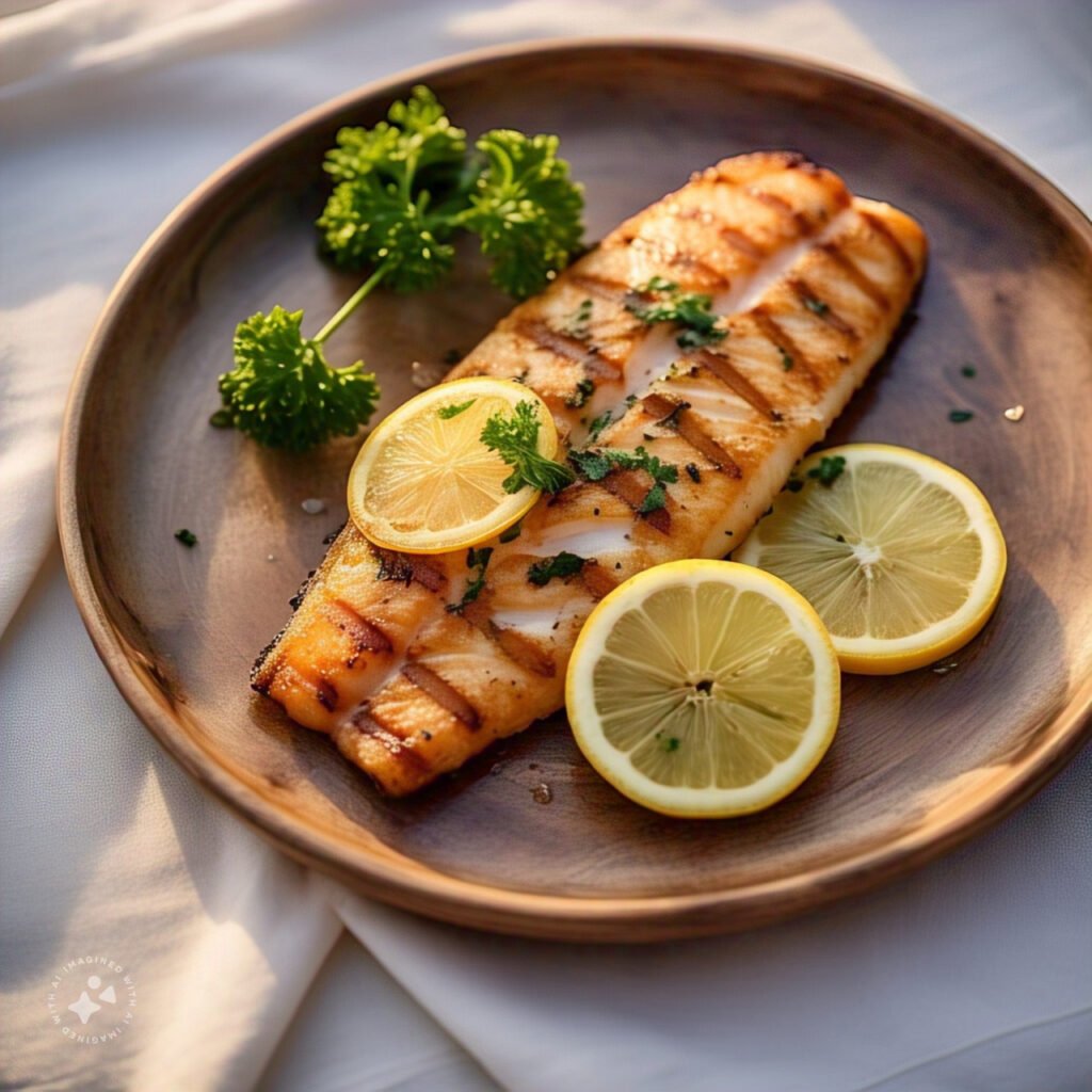 Grilled rockfish fillet garnished with lemon slices and herbs