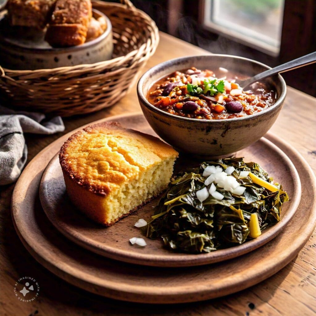 A hearty plate featuring cornbread, a bowl of chili, and collard greens