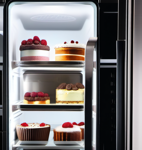 Cake stored in an airtight container inside a refrigerator