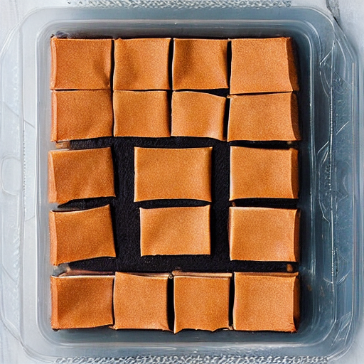 A frozen Texas sheet cake in individual portions ready for storage.