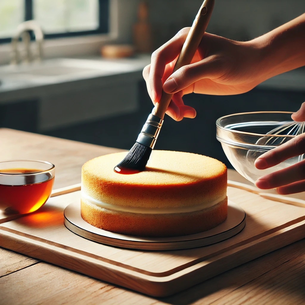 Pastry brush applying syrup to cake layers