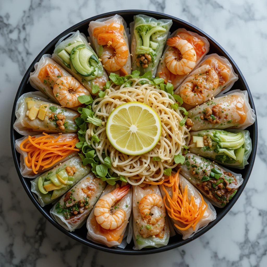 An aesthetic spring roll bowl arranged in sections with vibrant vegetables, shrimp, and herbs.