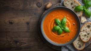 A bowl of roasted tomato soup garnished with fresh basil leaves and served with crusty bread on the side.