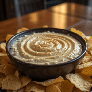 A hearty bowl of creamy Ugly Dip surrounded by chips, placed on a wooden table with warm lighting.