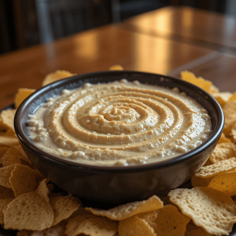 A hearty bowl of creamy Ugly Dip surrounded by chips, placed on a wooden table with warm lighting.