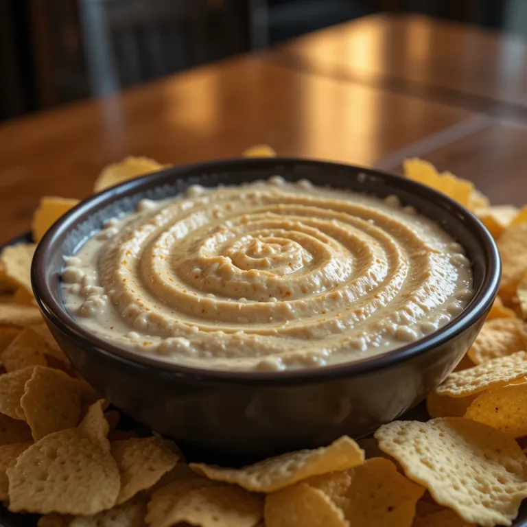 A hearty bowl of creamy Ugly Dip surrounded by chips, placed on a wooden table with warm lighting.