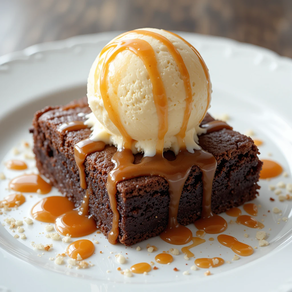 Salted caramel brownie served with ice cream