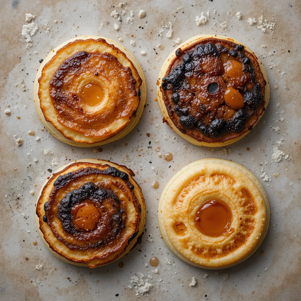 A comparison of burnt mini pancakes and perfectly cooked golden pancakes on a plate.