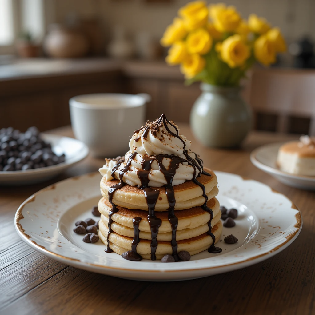 Mini pancakes with chocolate chips, topped with whipped cream and a drizzle of syrup.