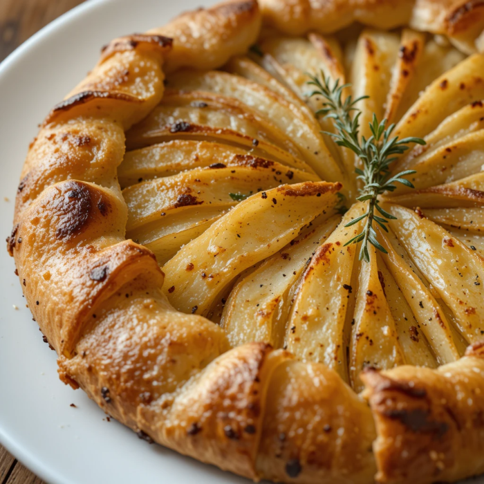 Golden, crispy potato galette served on a white plate.