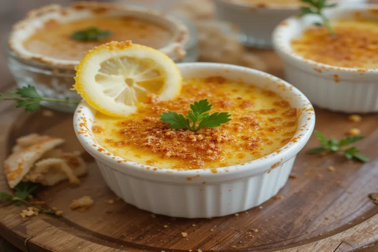 Crabe Brulé Recipe: A Culinary Delight 7 Golden caramelized Crabe Brulé recipe served in a ramekin with fresh parsley and lemon wedges.