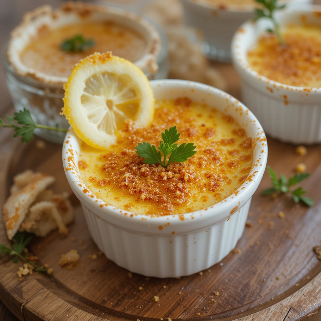 Golden caramelized Crabe Brulé recipe served in a ramekin with fresh parsley and lemon wedges.