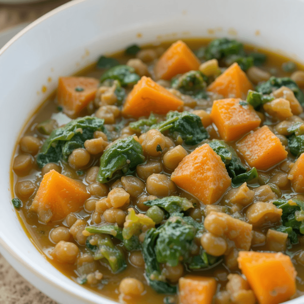 A bowl of green lentil coconut stew with spinach and sweet potatoes
