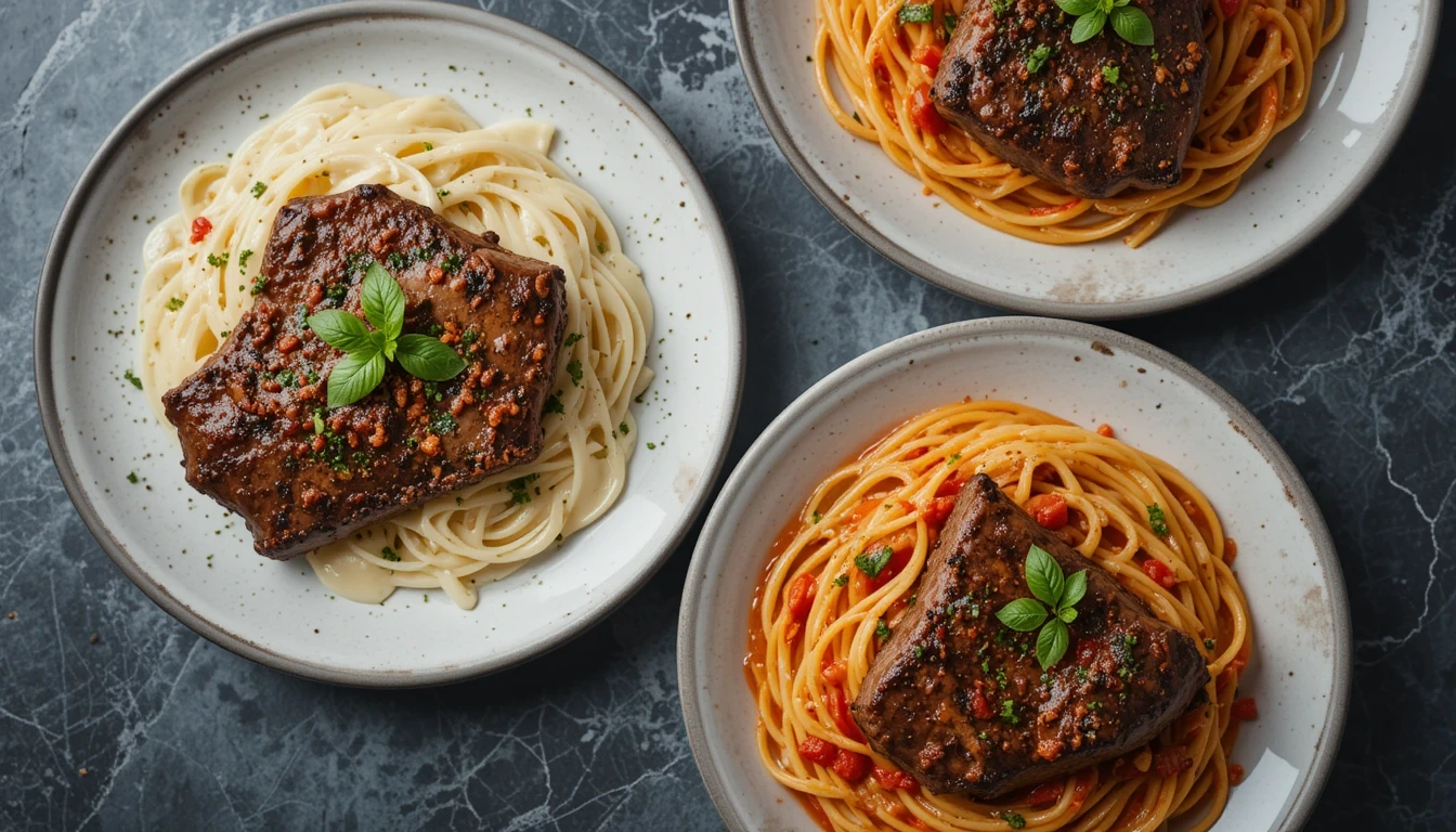 A spread of steak and pasta variations: creamy Alfredo, spicy Cajun, and balsamic tomato pasta with steak slices.
