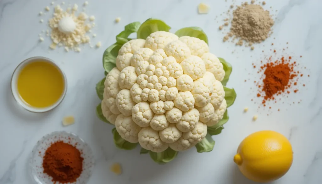 Olive oil, spices, and a fresh cauliflower head placed on a marble countertop