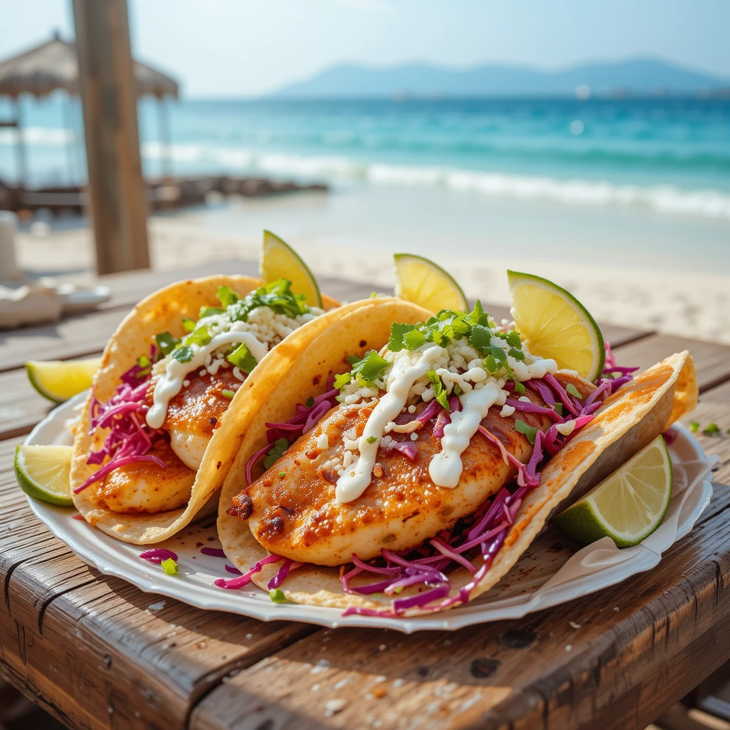 A plate of Baja fish tacos with fresh toppings and lime wedges served on a rustic beachside table.