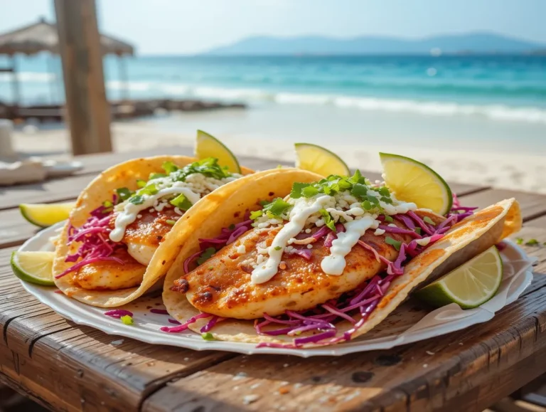 Baja Fish Tacos: Your Complete Guide to Crispy Perfection 7 A plate of Baja fish tacos with fresh toppings and lime wedges served on a rustic beachside table.