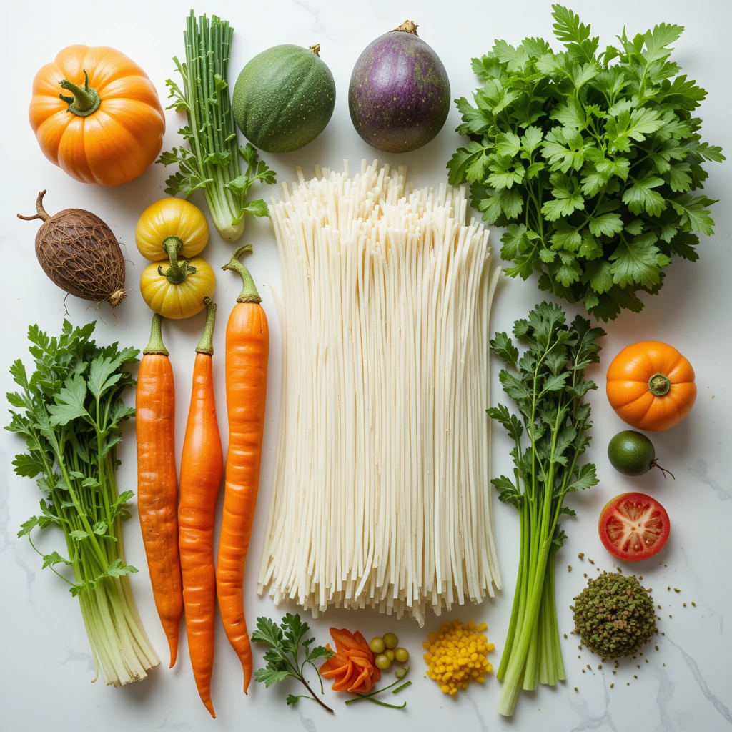 A flat lay of fresh spring roll bowl ingredients, including carrots, cucumbers, cilantro, and rice noodles.