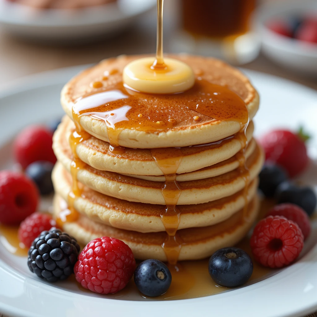 A stack of golden mini pancakes on a plate with syrup and fresh berries.