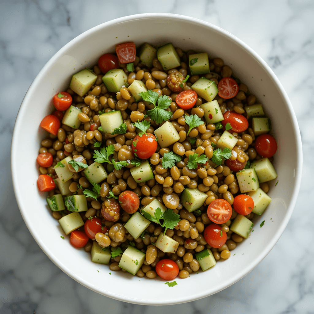 A vibrant green lentil salad with cucumbers, tomatoes, and parsley