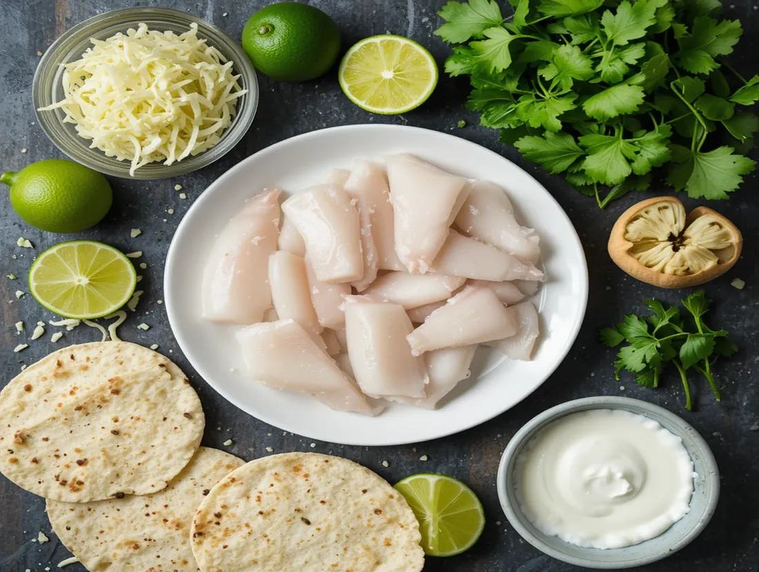 Baja Fish Tacos: Your Complete Guide to Crispy Perfection 5 An overhead view of fresh ingredients for Baja fish tacos, including fish fillets, cabbage, lime, tortillas, and crema.