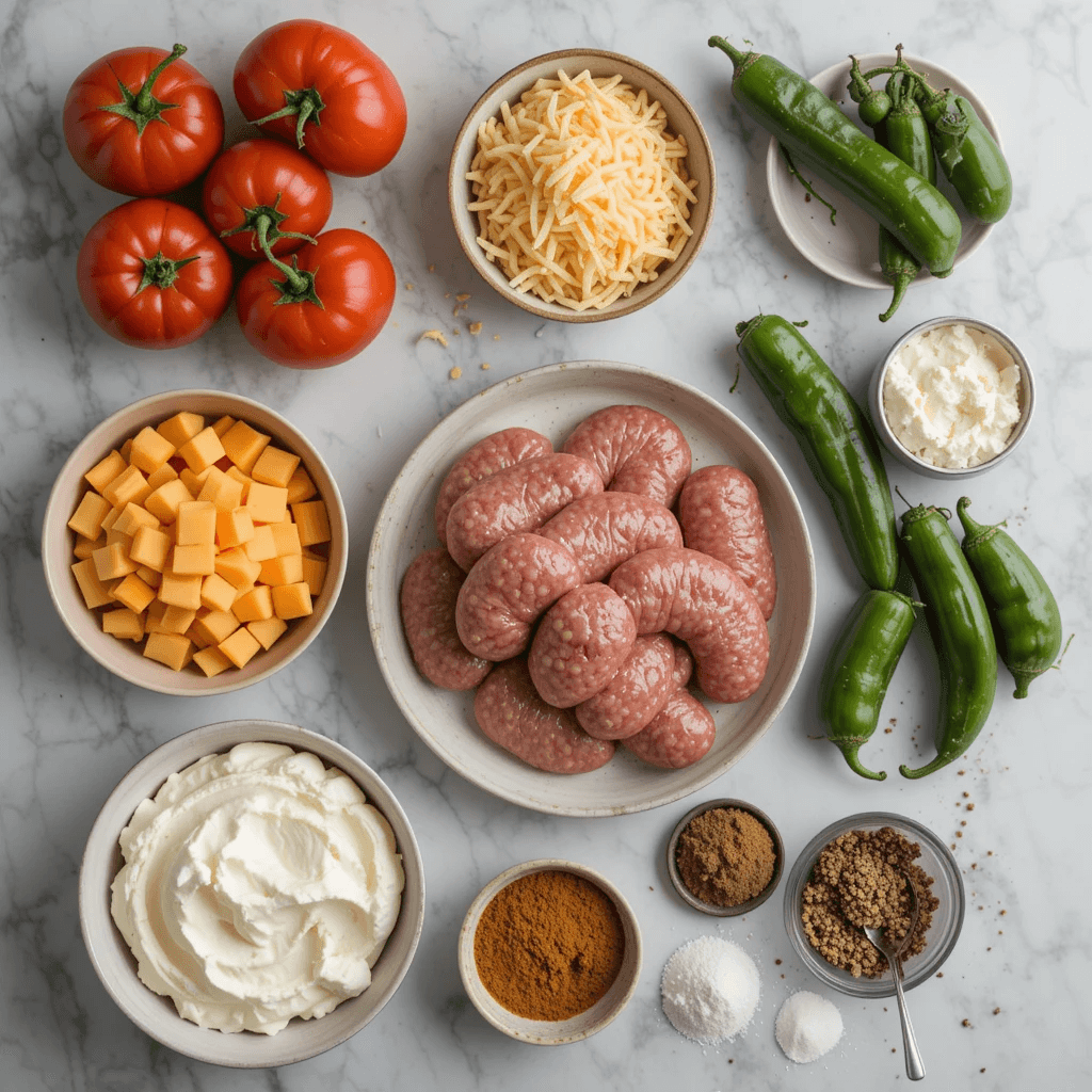 Flat-lay of Ugly Dip ingredients including cream cheese, cheddar, sausage, tomatoes, and jalapeños