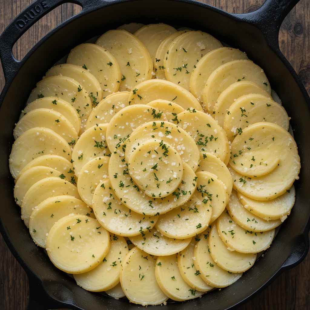 Thinly sliced potatoes layered in a circular pattern in a cast-iron skillet.