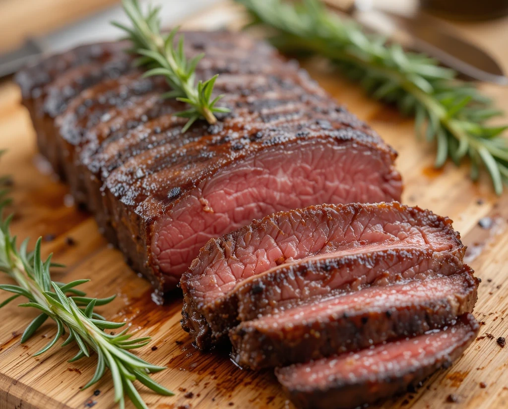 A close-up of a medium-rare steak sliced to reveal its juicy and tender interior, with grill marks on the crust