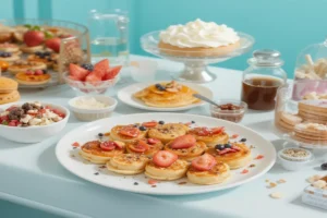Delicious Mini Pancakes Recipes You’ll Want to Try Today 5 Mini pancakes surrounded by bowls of toppings like whipped cream, chocolate syrup, and fruit slices.