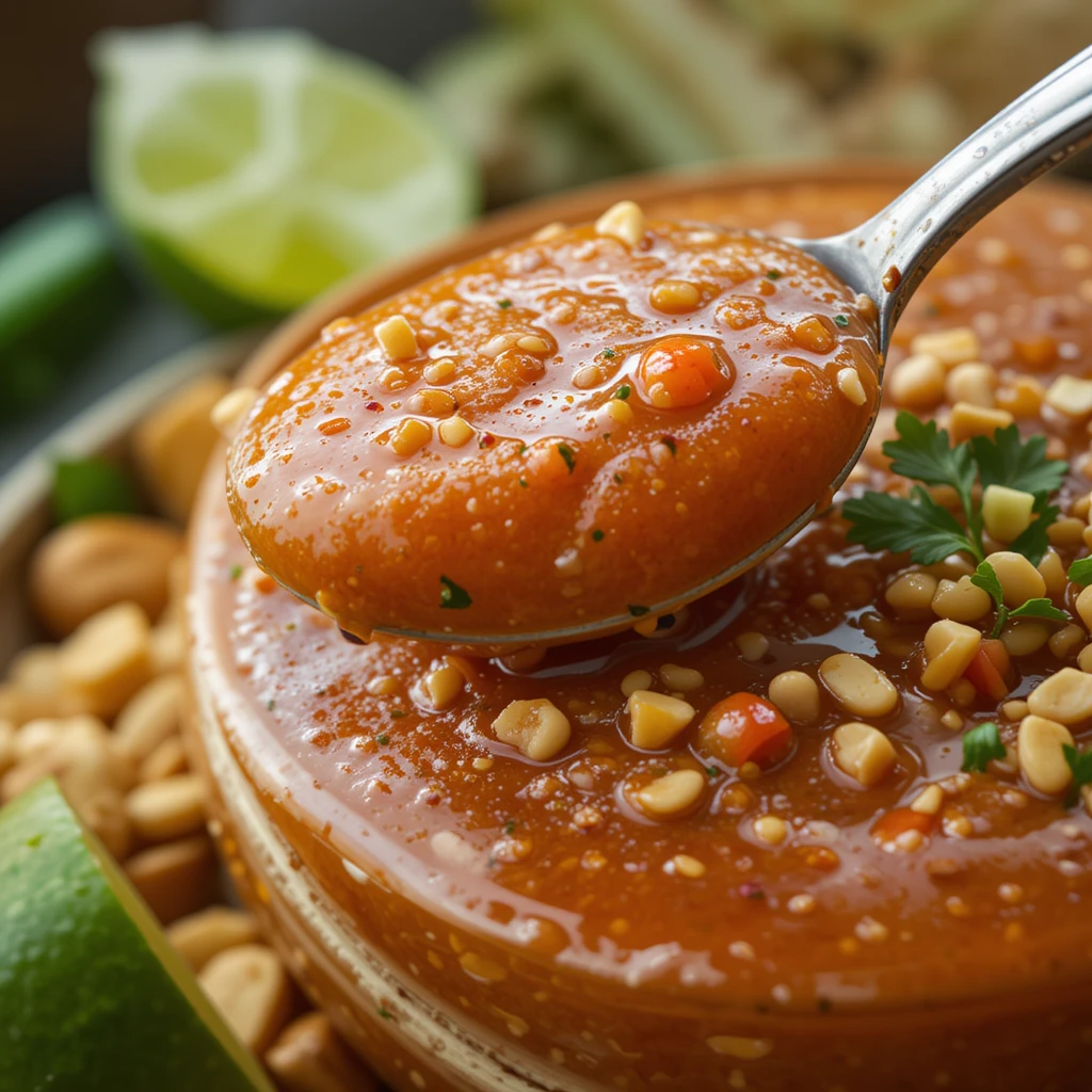 Close-up of peanut sauce and sweet chili sauce with garnishes like crushed peanuts and lime wedges in the frame.