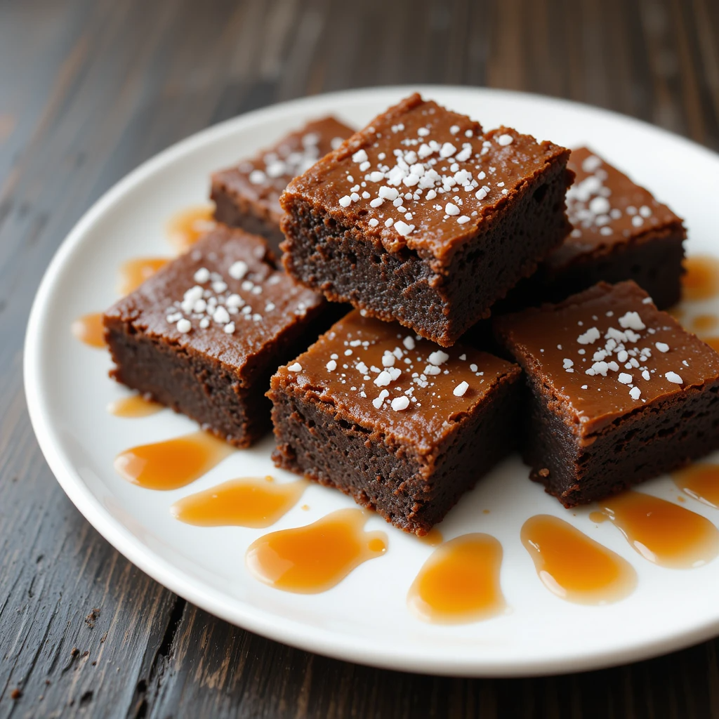 Neatly cut squares of salted caramel brownies