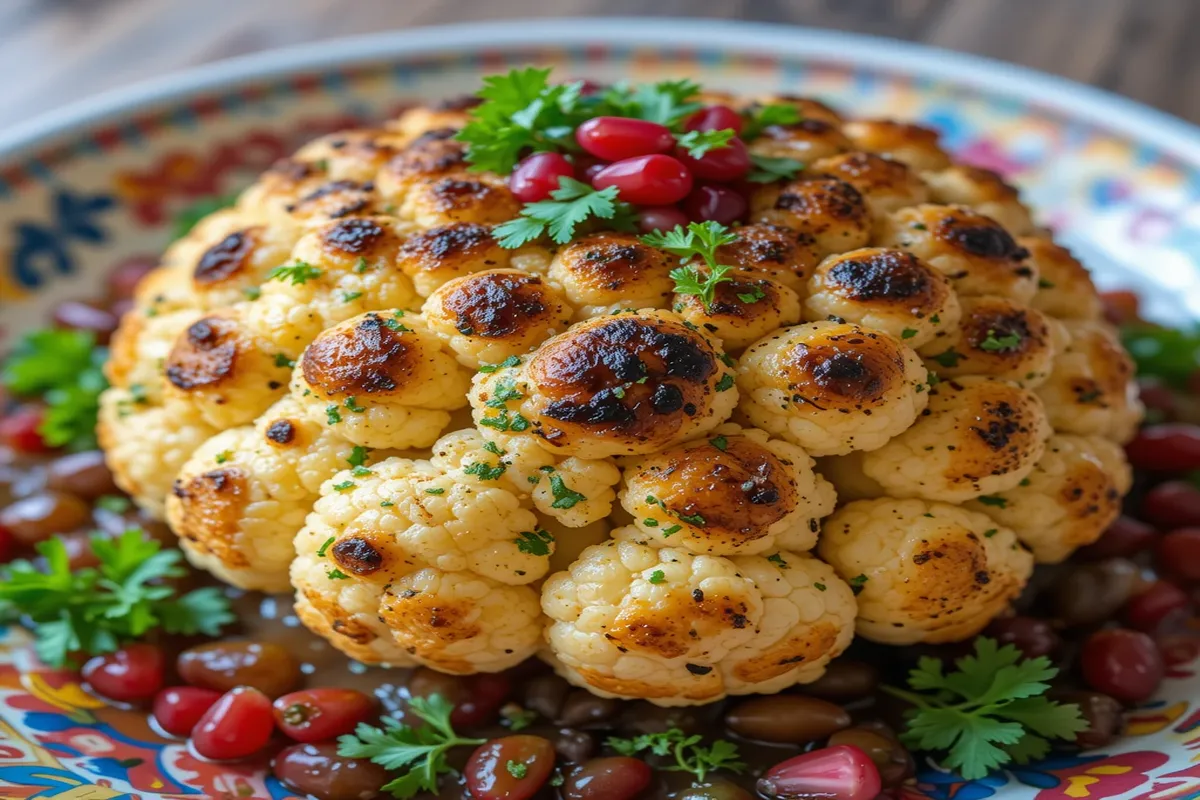 Whole roasted cauliflower served with fresh parsley and pomegranate seeds on a vibrant platter