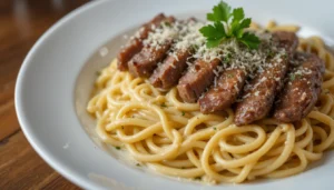 A beautifully plated steak and pasta dish with creamy Alfredo sauce, garnished with parsley and Parmesan cheese.