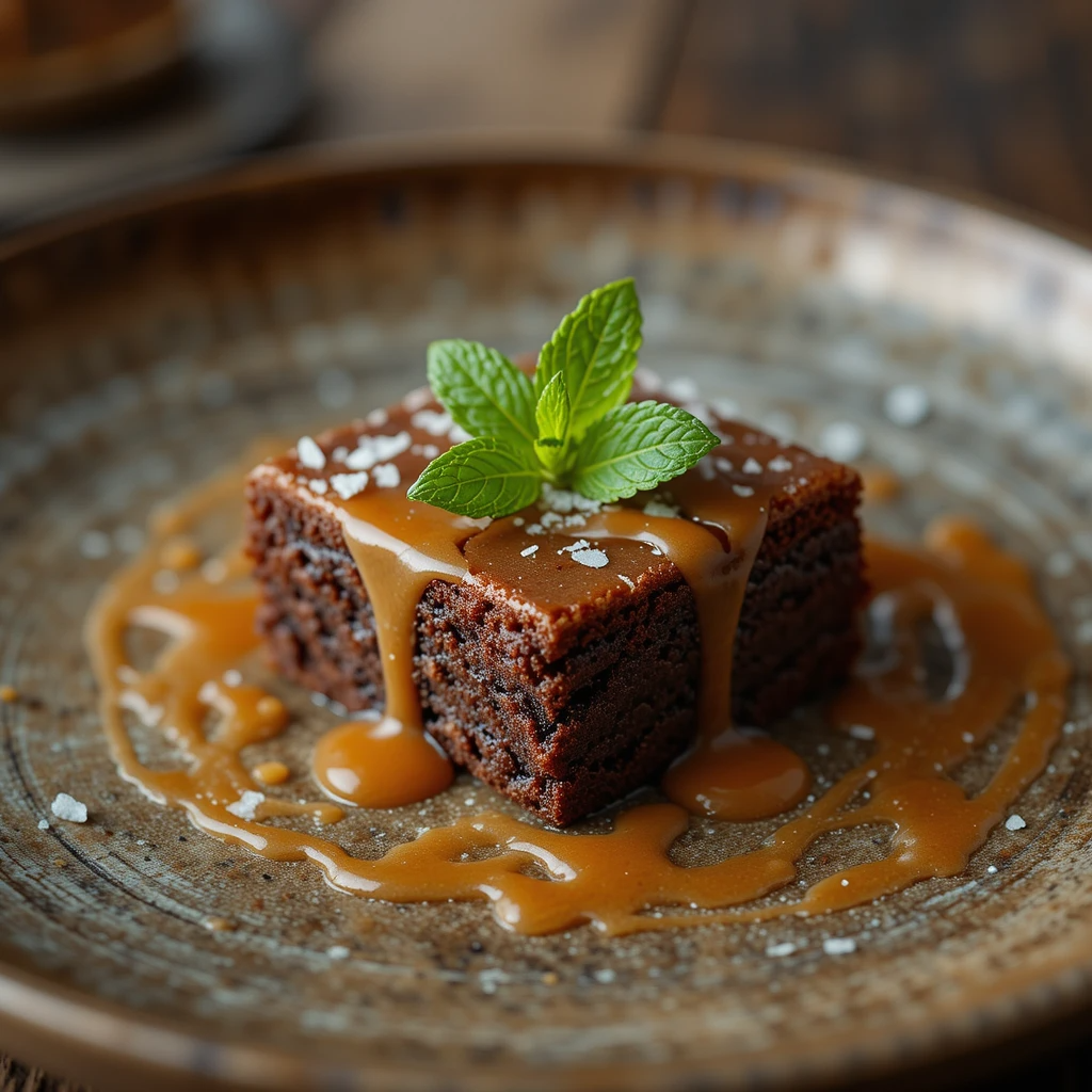 Salted caramel brownie close-up with garnish