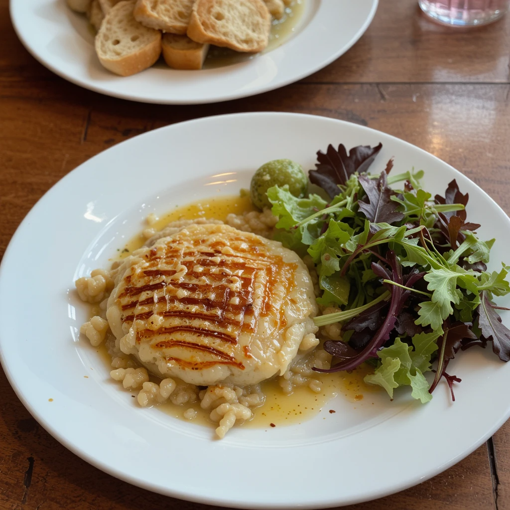 A plated Crabe Brulé served with fresh salad, bread slices