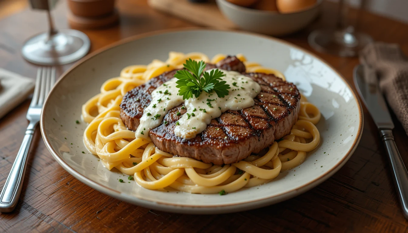 A beautifully styled photo of a steak and pasta meal, set on a rustic wooden table with soft lighting.