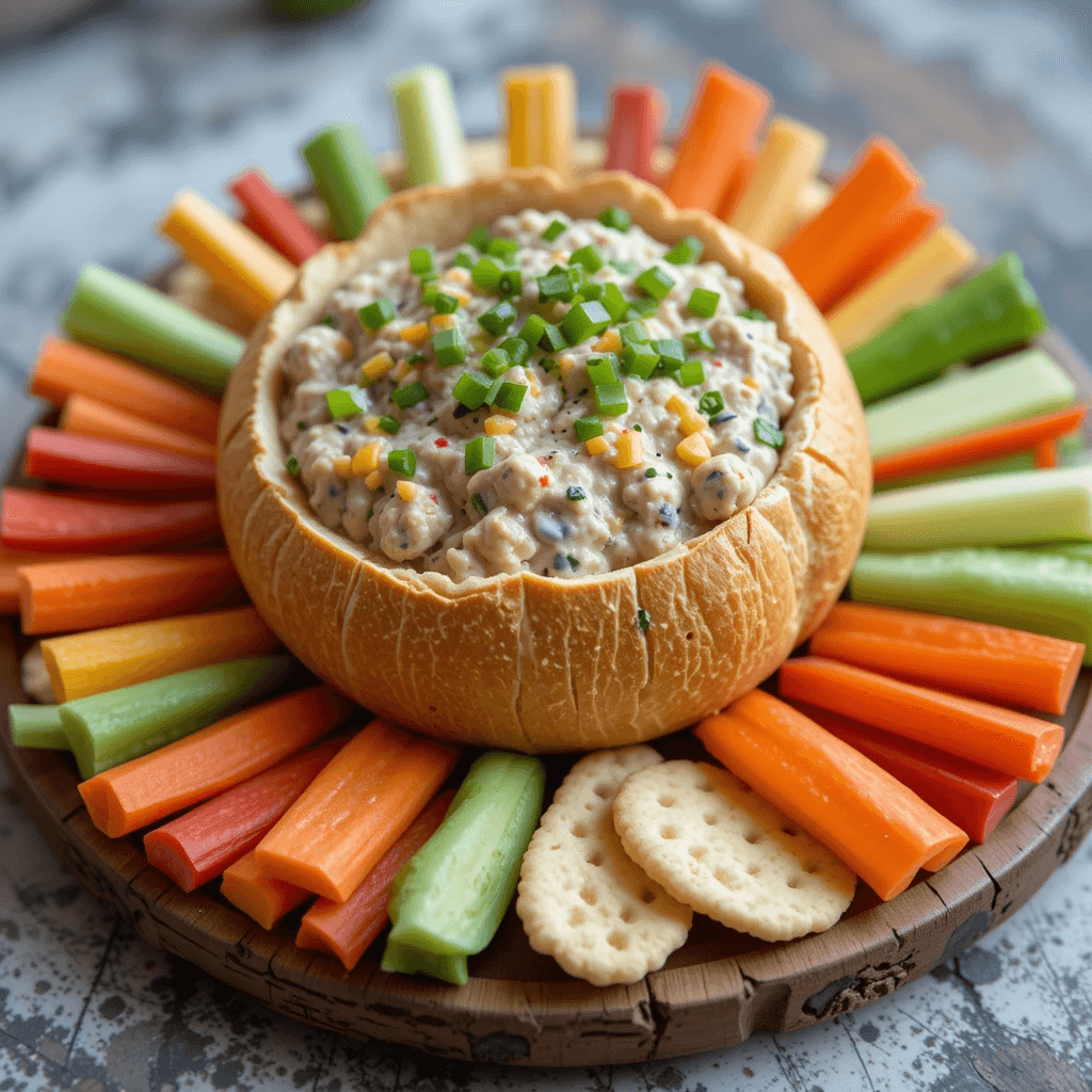 Ugly Dip served in a hollowed-out bread bowl with fresh herbs on top