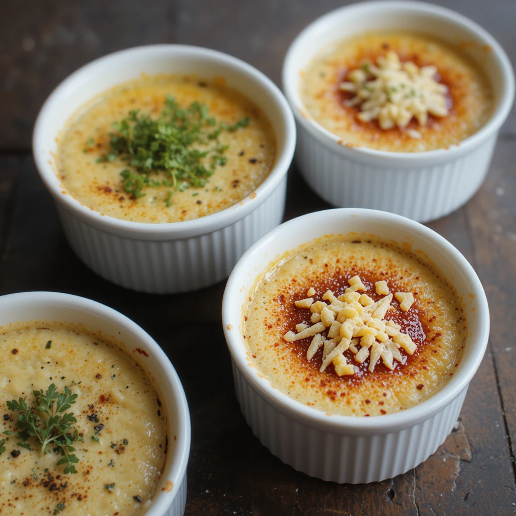 Three ramekins of Crabe Brulé Recipe, one classic, one with spicy paprika, and one topped with Gruyère cheese