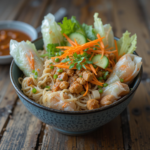 A colorful spring roll bowl filled with fresh vegetables, tofu, and rice noodles, served with peanut sauce.