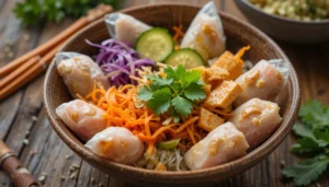 A colorful spring roll bowl filled with fresh vegetables, tofu, and rice noodles, served with peanut sauce.