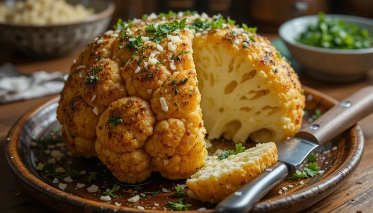 Golden brown whole roasted cauliflower garnished with parsley on a wooden platter