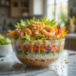 A colorful spring roll bowl with layers of rice, fresh veggies, shrimp, and crushed peanuts, drizzled with dressing. Bright and airy kitchen setting with natural light.